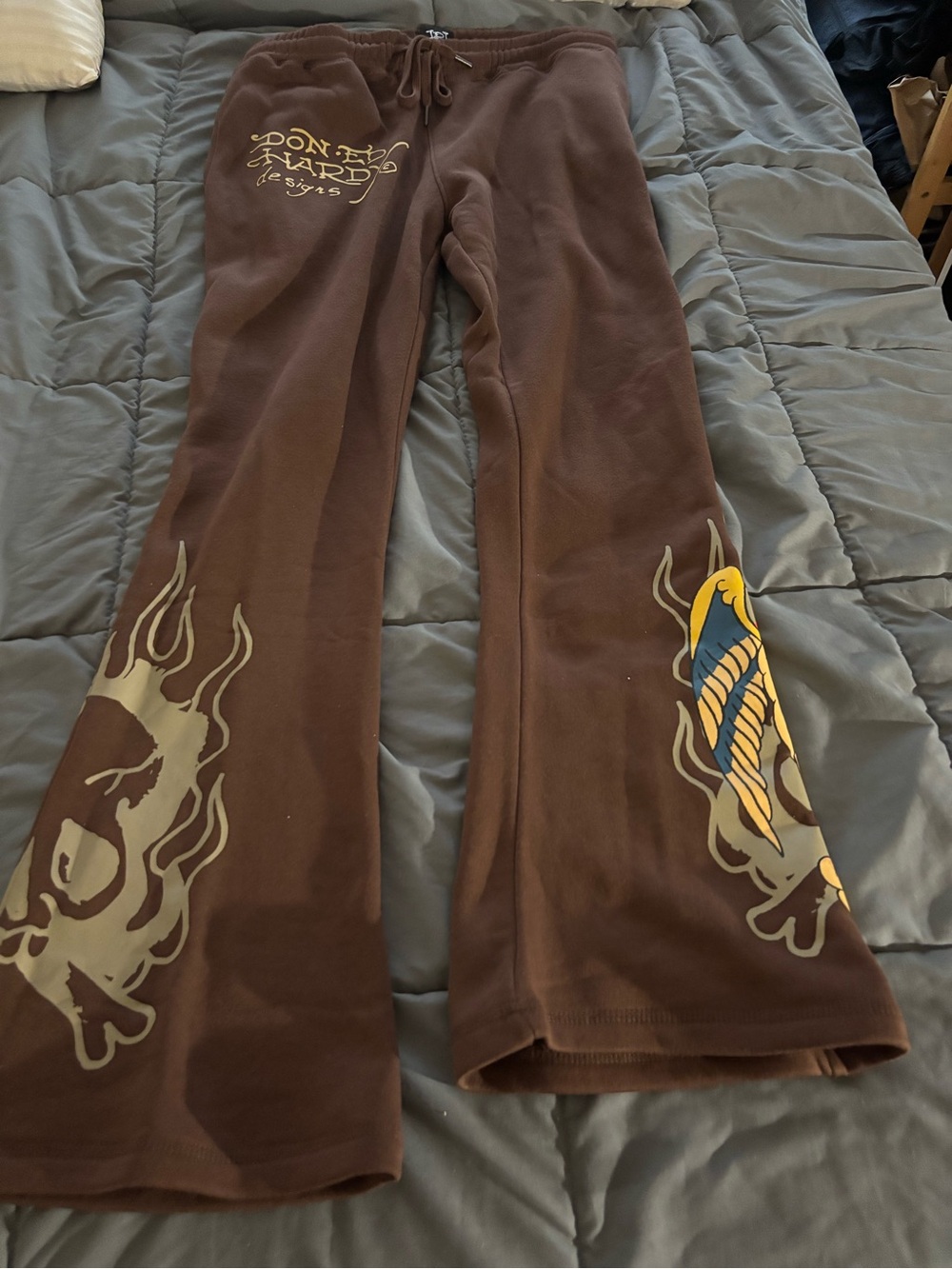 Ed Hardy Brown Sweatpants with Yellow and Blue Graphics